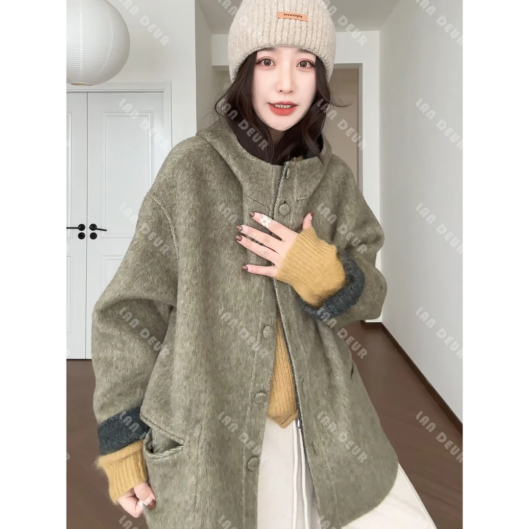 【初雪温梦】两面可穿羊毛兔毛桑蚕丝双面呢连帽大衣韩系毛呢外套女