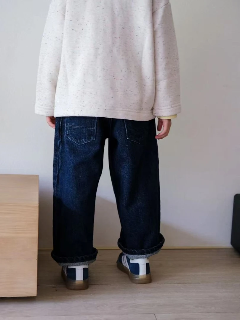 「LIUYI」秋冬儿童亲子简约深蓝色松紧腰宽松阔腿加厚牛仔裤2416