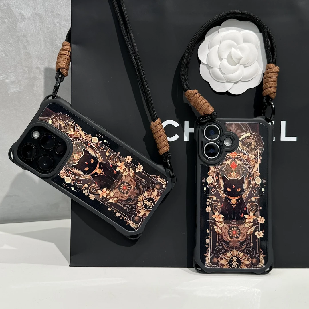 奥菲顿招财黑猫四角挂绳适用苹果17/16手机壳华为vivo小米15oppo