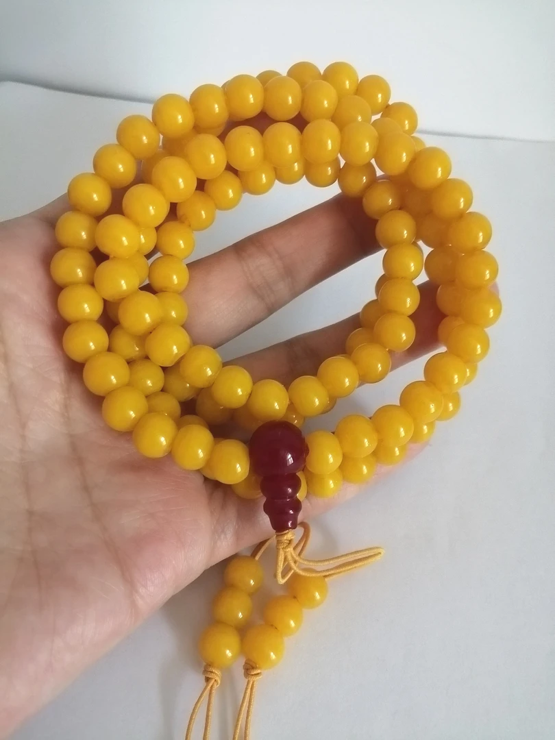 淄博博山大观园鸡油黄色琉璃珠108颗手持手串珠子直径8mm