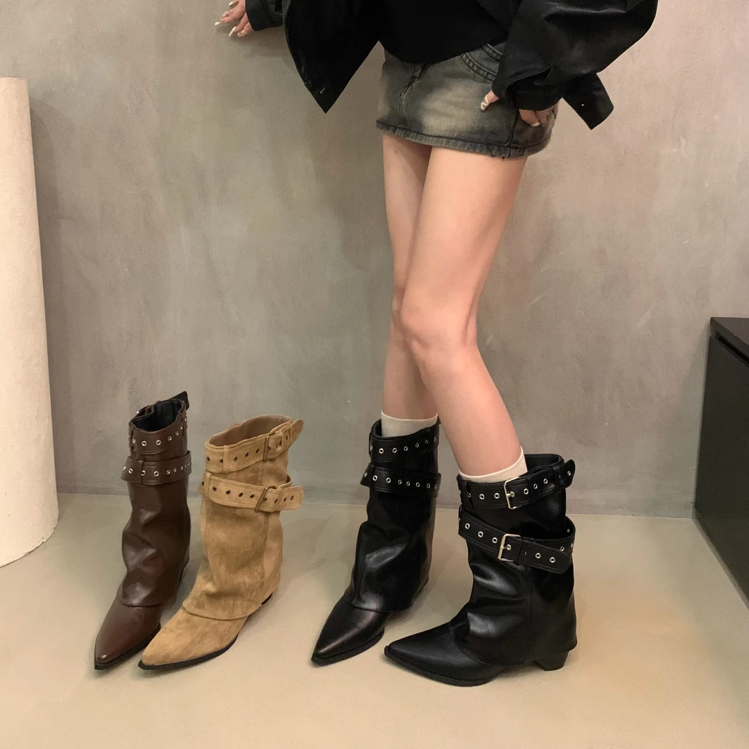 美式辣妹皮带扣裤管靴短筒靴女靴2025早秋新款小众设计短靴西部靴