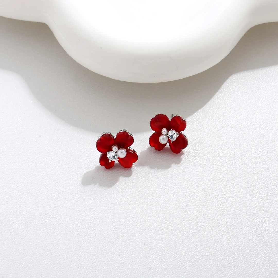 西子饰品高定镀18K金【酒红四叶花耳钉】2025春夏新品925银针防敏