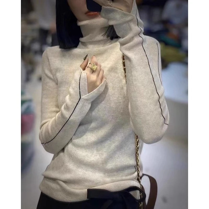 秋冬洋派白色高领针织衫女欧货高领针织内搭打底毛衣设计感上衣