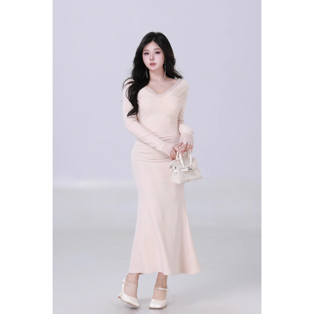 清清MengFairy【温柔月光】温柔气质修身针织连长衣裙4296M
