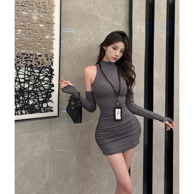 美式纯欲风性感高领紧身显瘦袖套褶皱打底连衣裙包臀短裙