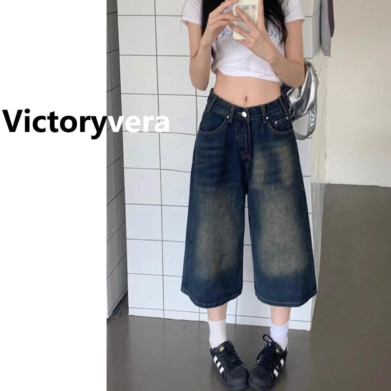 2025年新款美式复古做旧水洗牛仔裤女胖mm大码设计感阔腿七分裤女