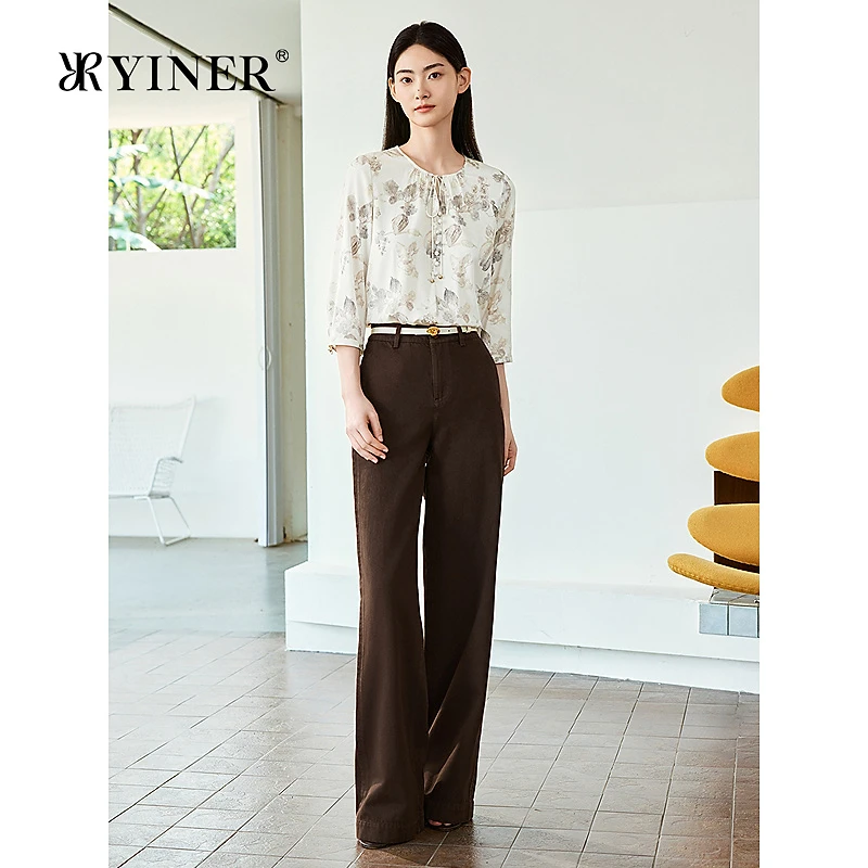 YINER音儿2025春季新款100棉经典百搭直筒长裤高级感咖色牛仔裤