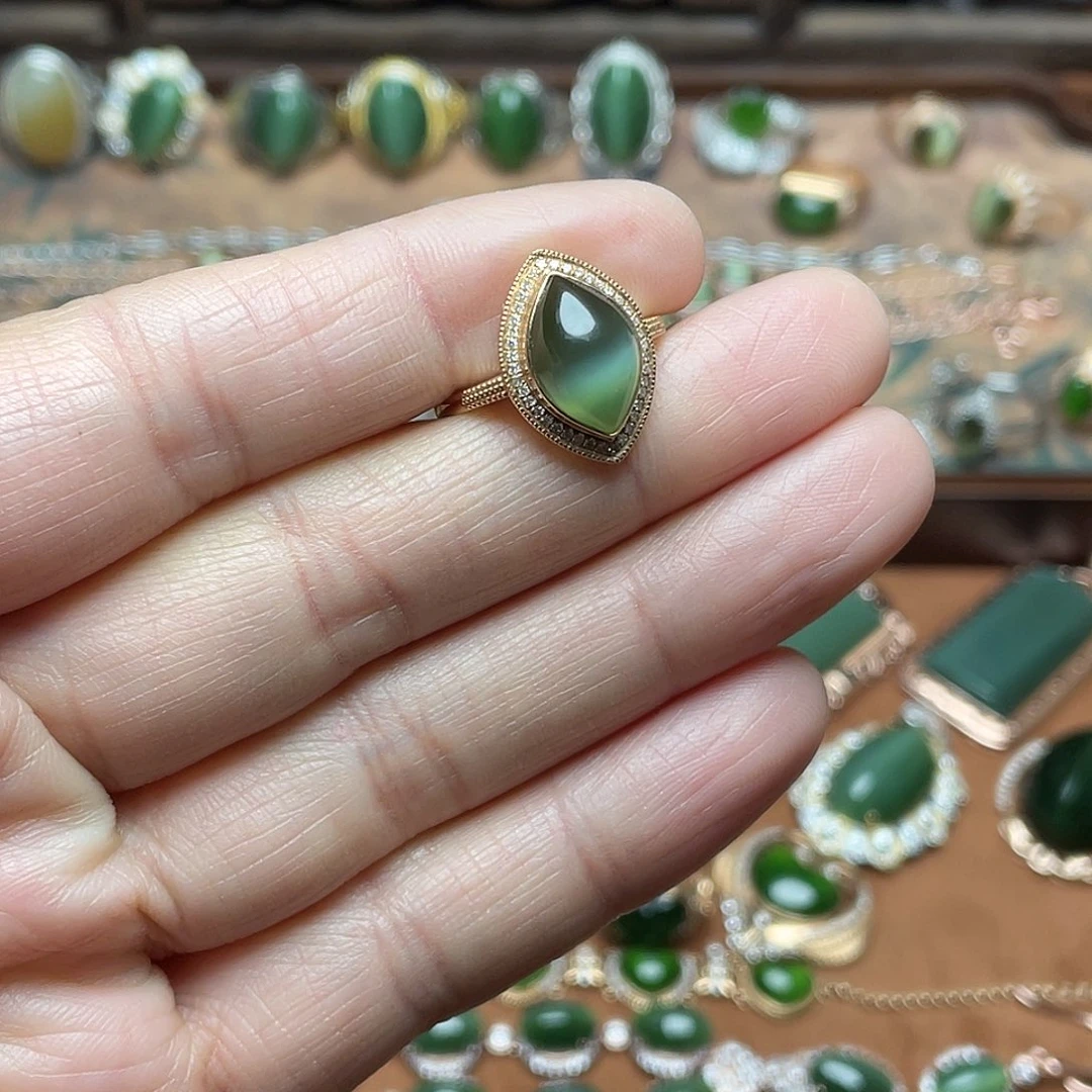 和田玉（碧玉）18K金镶嵌吊坠(不含链)戒指