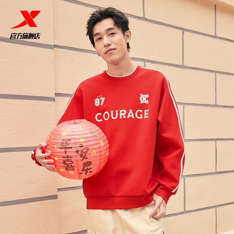 特步-情侣套头衫25春季女士男款红色百搭运动卫衣长袖宽松潮流