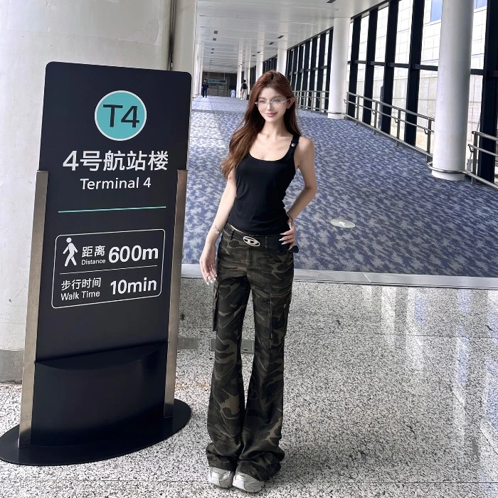 美式辣妹迷彩工装裤女秋季炸街低腰长裤百搭显瘦微喇叭裤子拖地裤