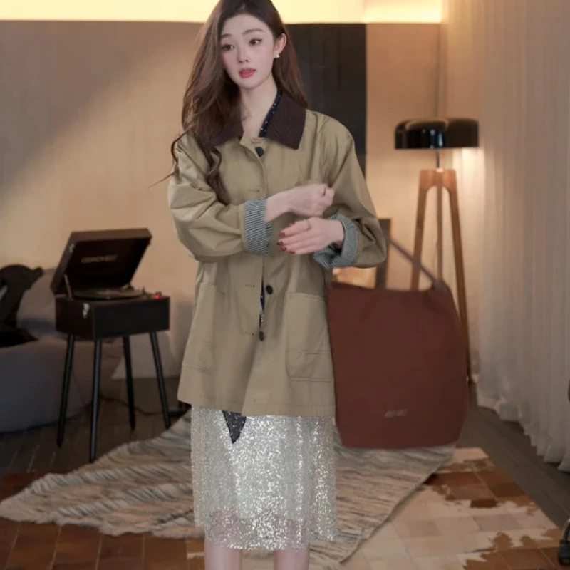 【巴恩FIT】高密斜纹棉夹克外套女中长款2025春秋新款韩版高档风衣