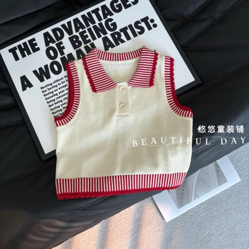 夏季女圆领无袖款B类针织款背心学院风条纹宝宝小童