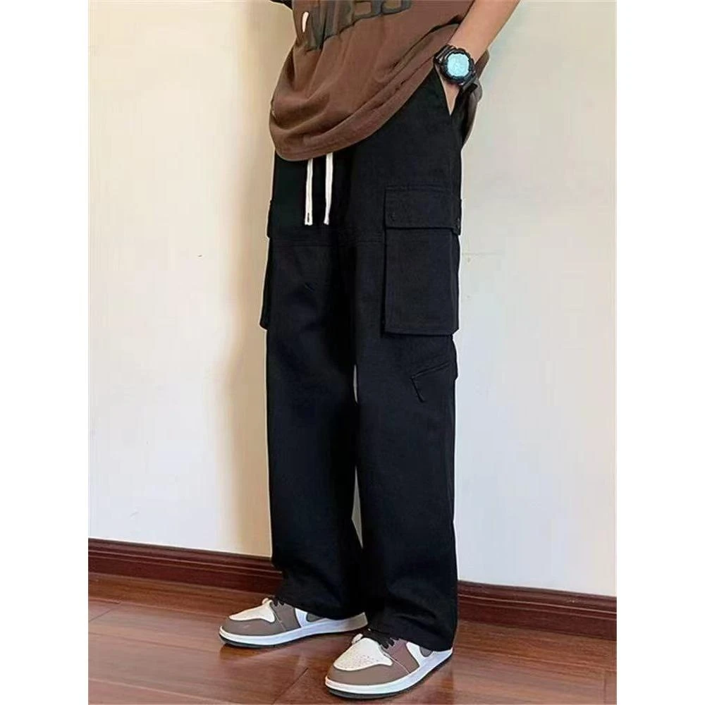 直筒工装裤子男款春秋季高街宽松多口袋抽绳休闲拖地长裤美式韩版