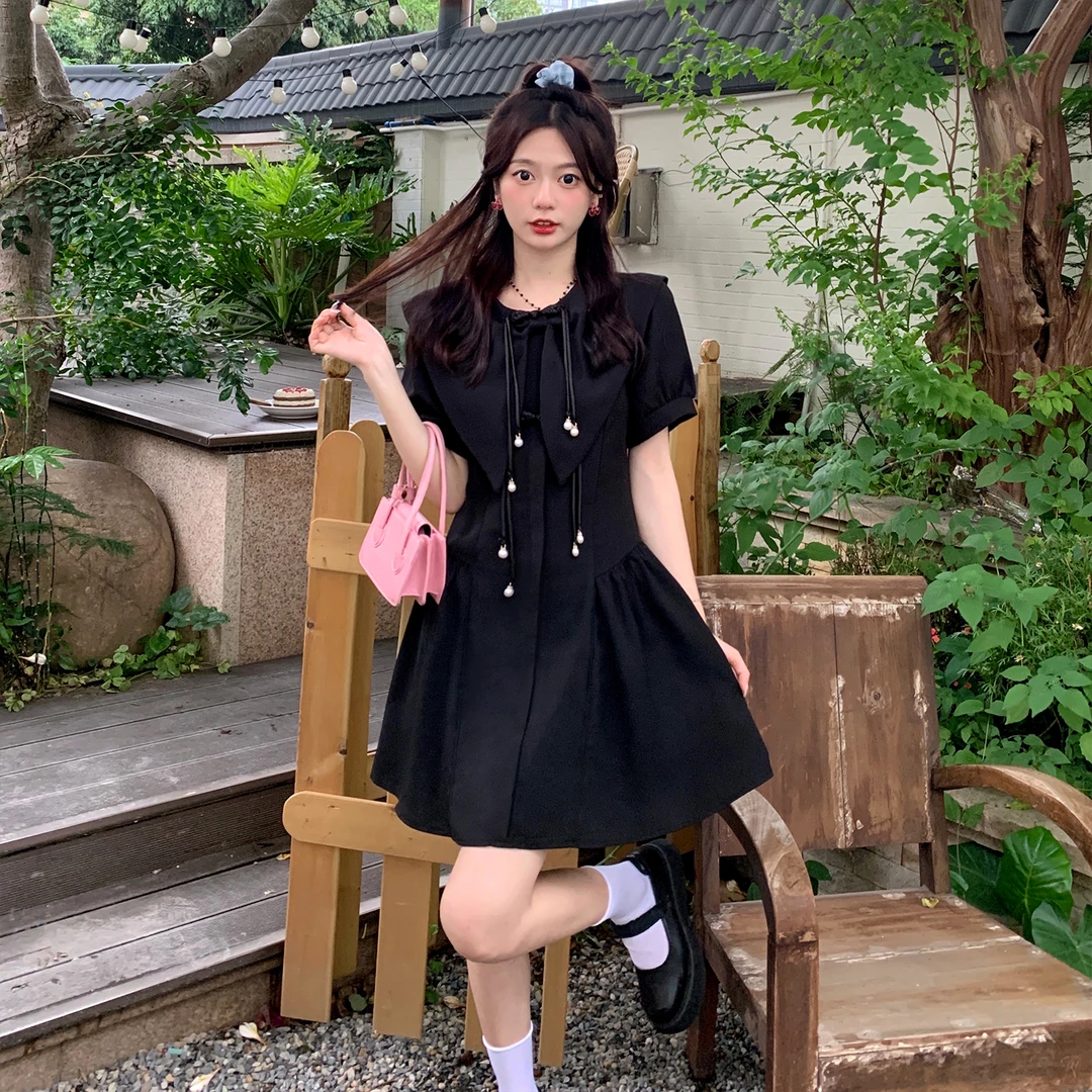 3540大码女装法式蝴蝶结复古设计感黑色连衣裙2279