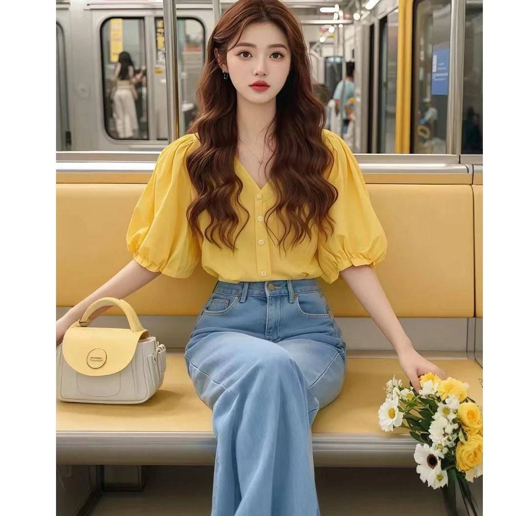 【bing】超好看黄色短袖衬衫女温柔淑气质法式绝美泡泡袖小香风上衣
