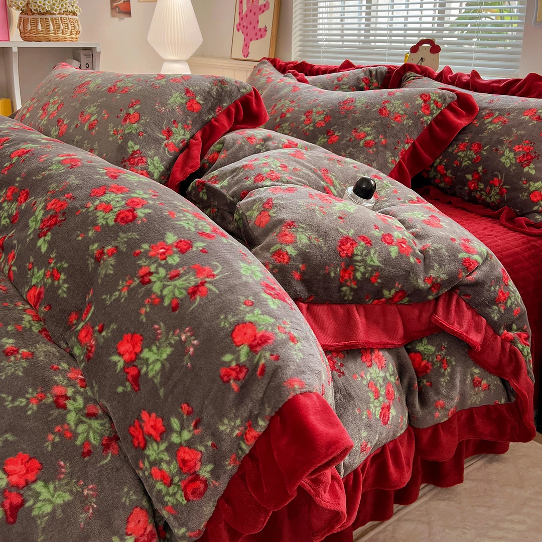 冬季保暖高加绒四件套牛奶绒双面绒床上用品被套红色花边夹棉床盖