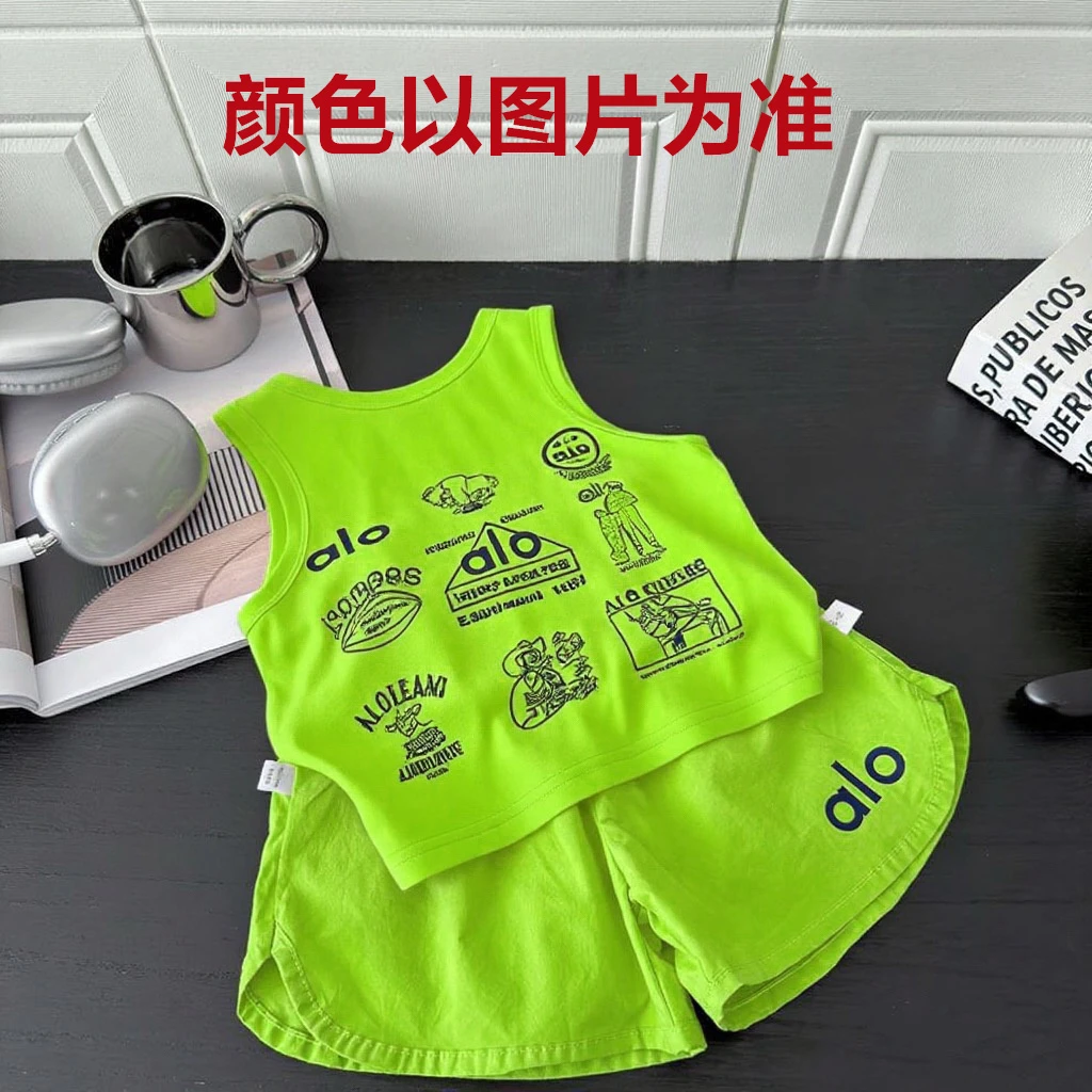 2025夏季新款儿童韩版爆款双面印花休闲运动宽松无袖背心套装