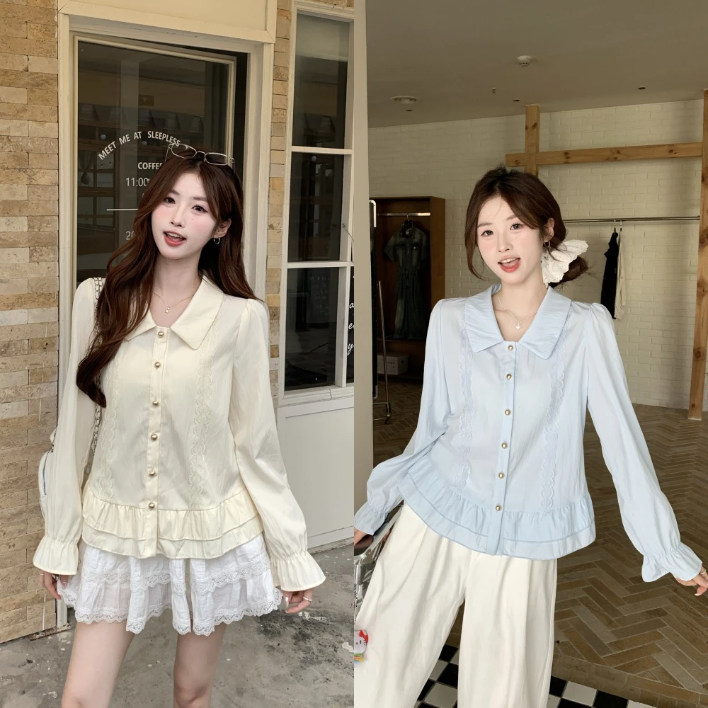 【涵胖胖】2025秋胖mm大码法式气质娃娃领乖巧蕾丝花边衬衫80209【B】