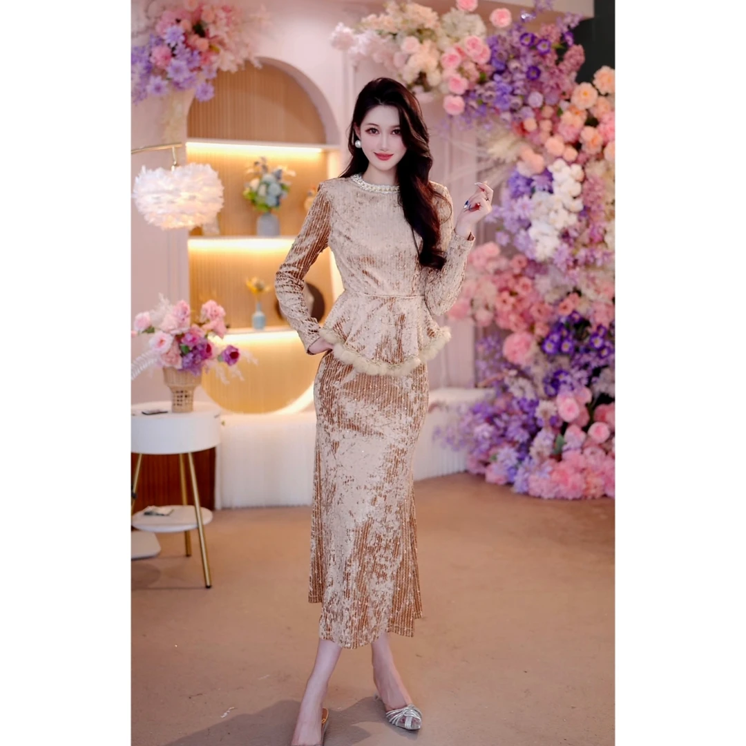 秋季新款气质假两件长款时尚修身高贵名媛显瘦包臀丝绒连衣裙1829