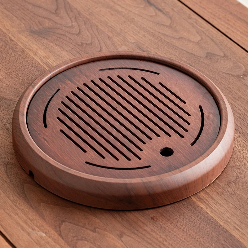 圆形茶盘32CM家用简约沥水竹制茶托盘桌面干泡盘竹茶盘密胺边框