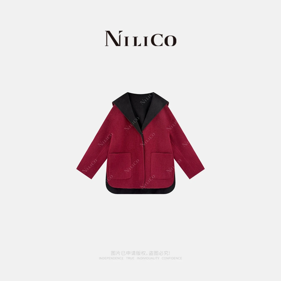 NILICO【知涵】100%绵羊毛设计感两面穿撞色轻奢气质大衣