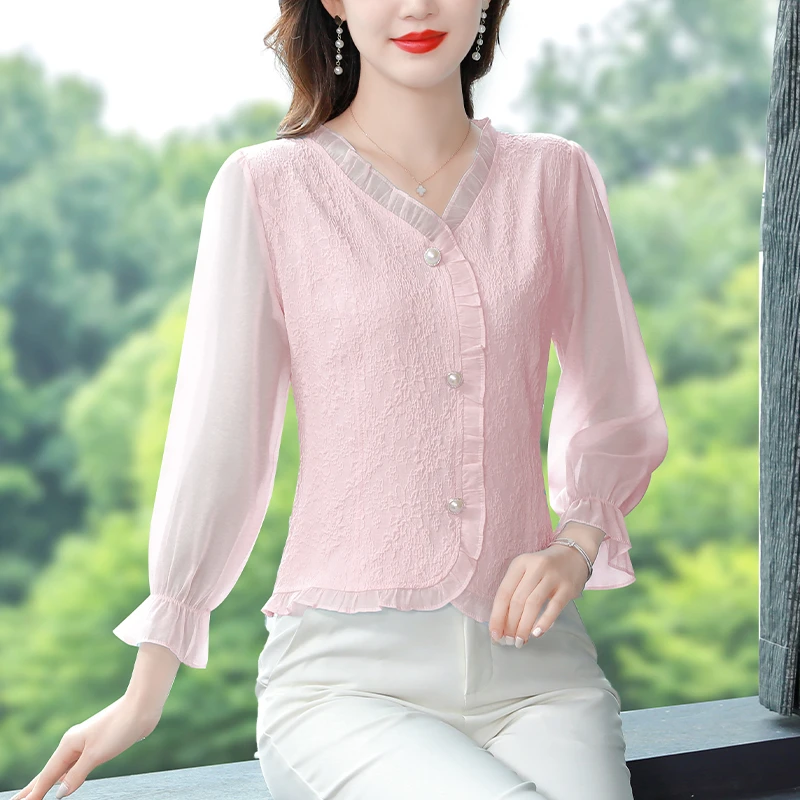 领雪纺衬衫女装秋装2023年春秋季新款女长袖上衣收腰显瘦洋气小衫