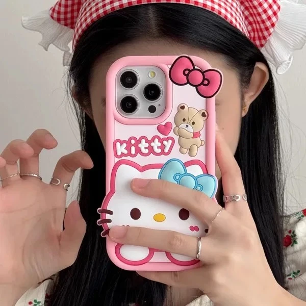 【适用苹果】女款蝴蝶结小熊KT猫可爱iPhone16卡通15立体硅胶手机壳
