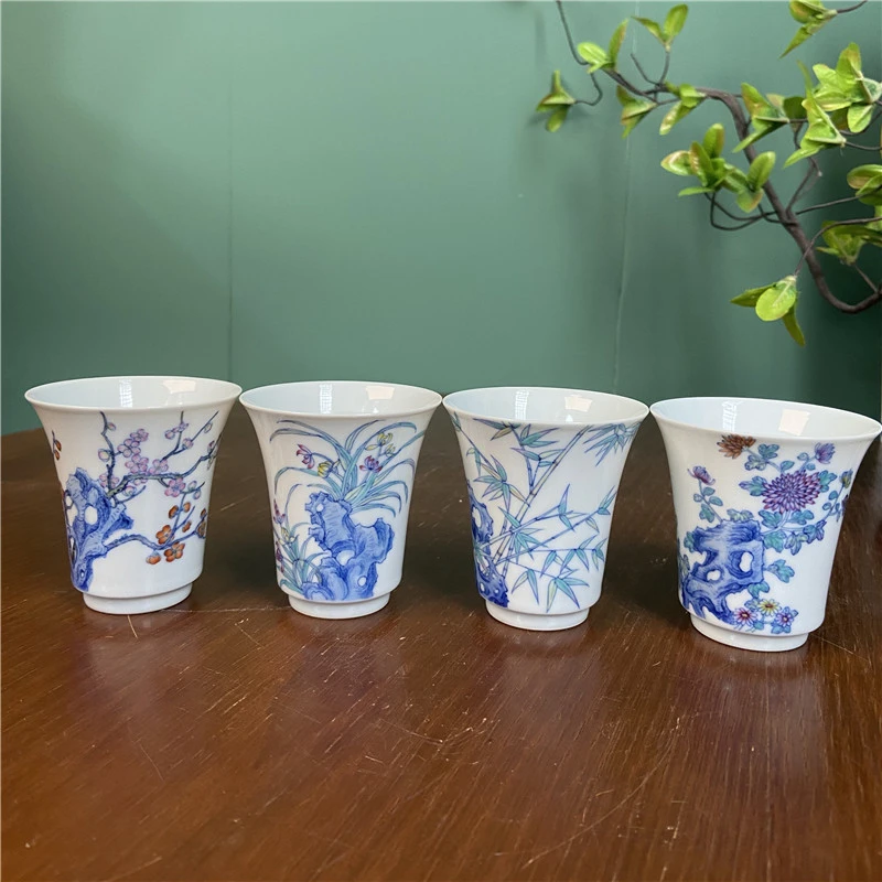 【鸿均堂】青花斗彩梅兰竹菊闻香杯 手工手绘景德镇茶具 容量80毫升