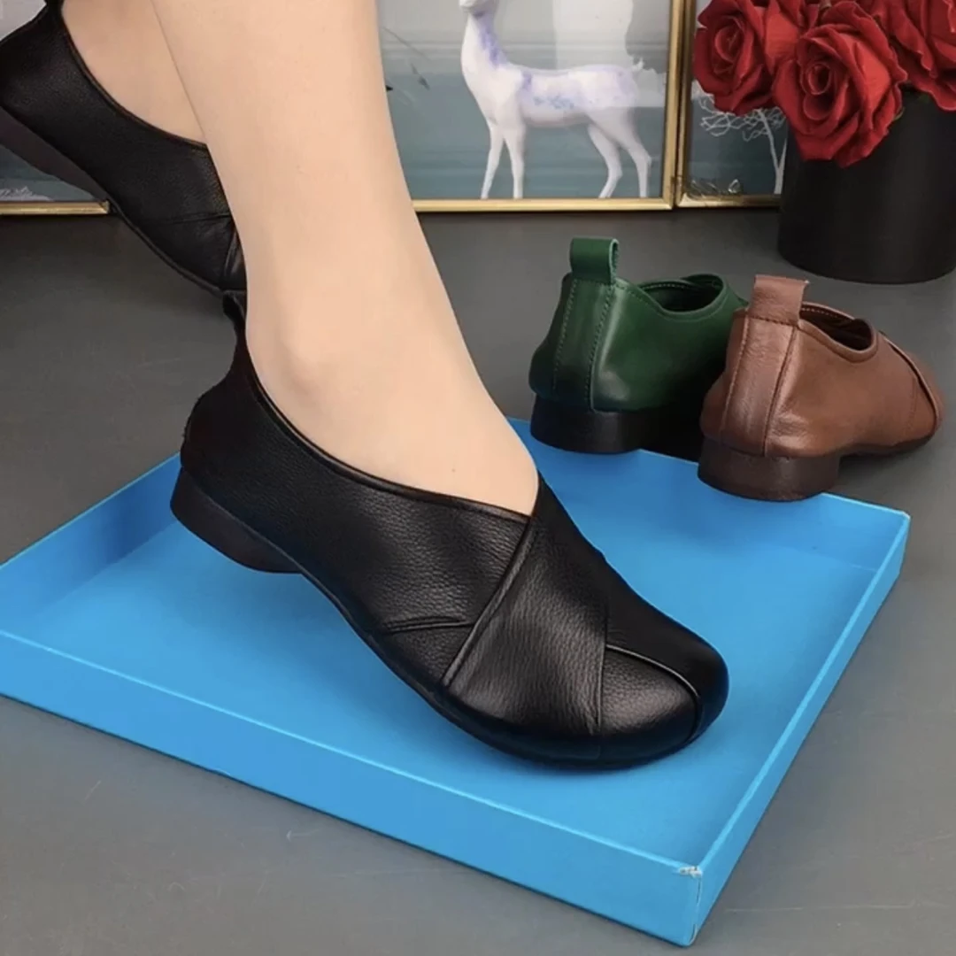 21816头层牛皮芒果圆头软底软面平底舒适牛筋底休闲百搭妈妈鞋