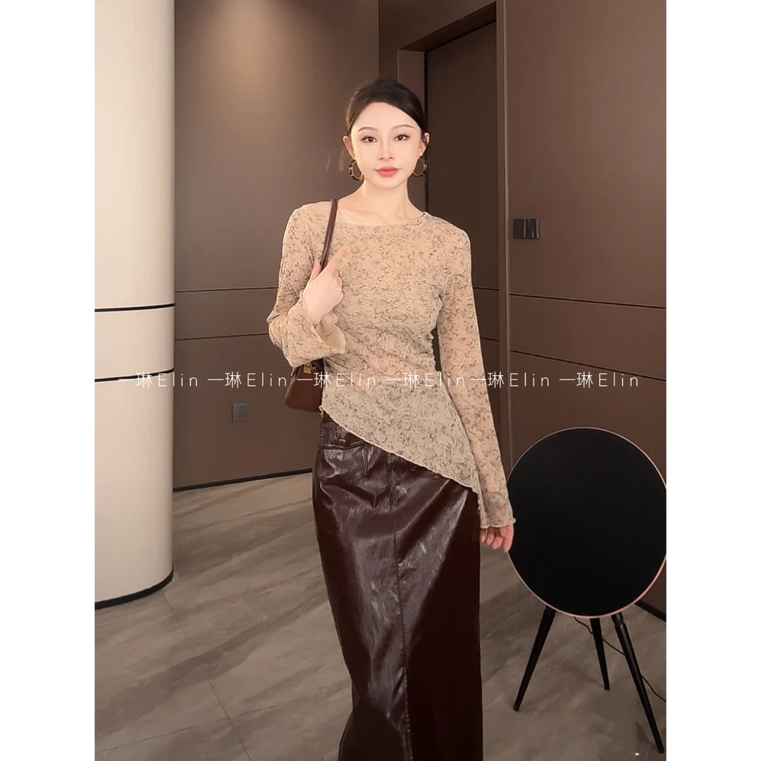 LIN【怦然心动】法式气质不规则开叉设计卡其色长袖上衣XMZH9522