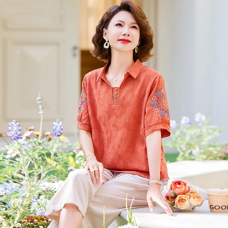 妈妈夏装套装休闲T恤2025新款中老年夏季棉麻小衫短袖棉绸上衣女