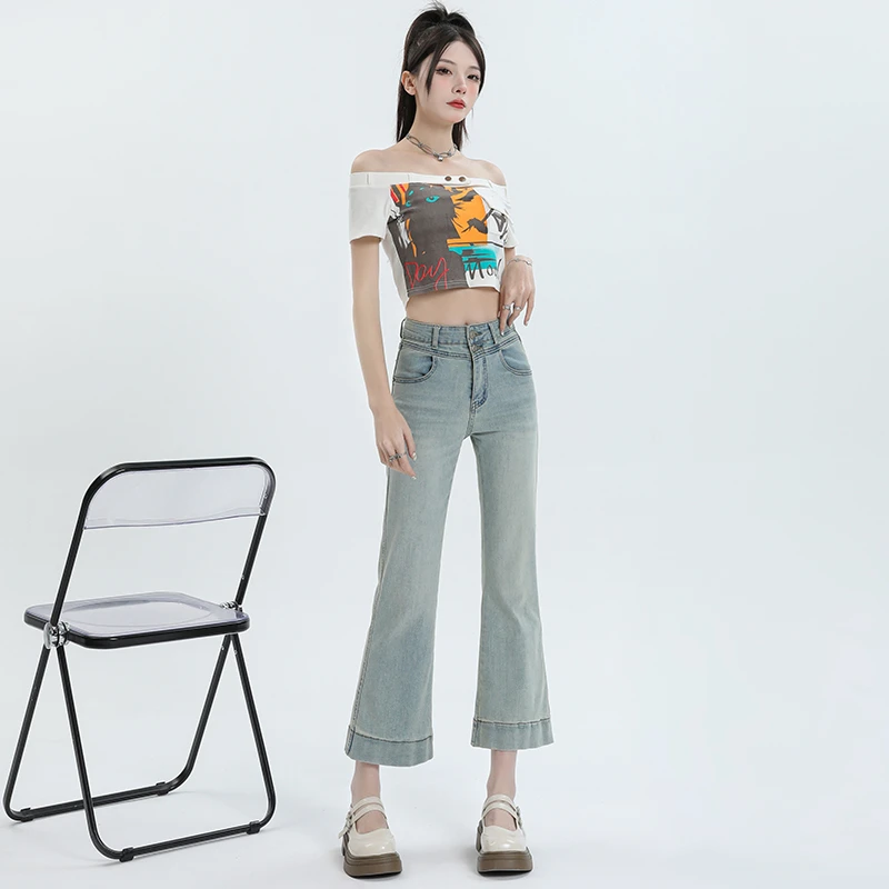 浅色微喇牛仔裤女小个子新款2025春秋高腰显瘦修身马蹄裤