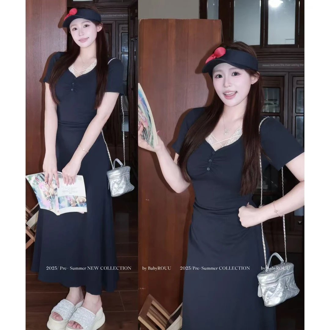 【织梦领绊】温与柔气质性感褶皱修身显瘦蕾丝拼接设计感连衣裙