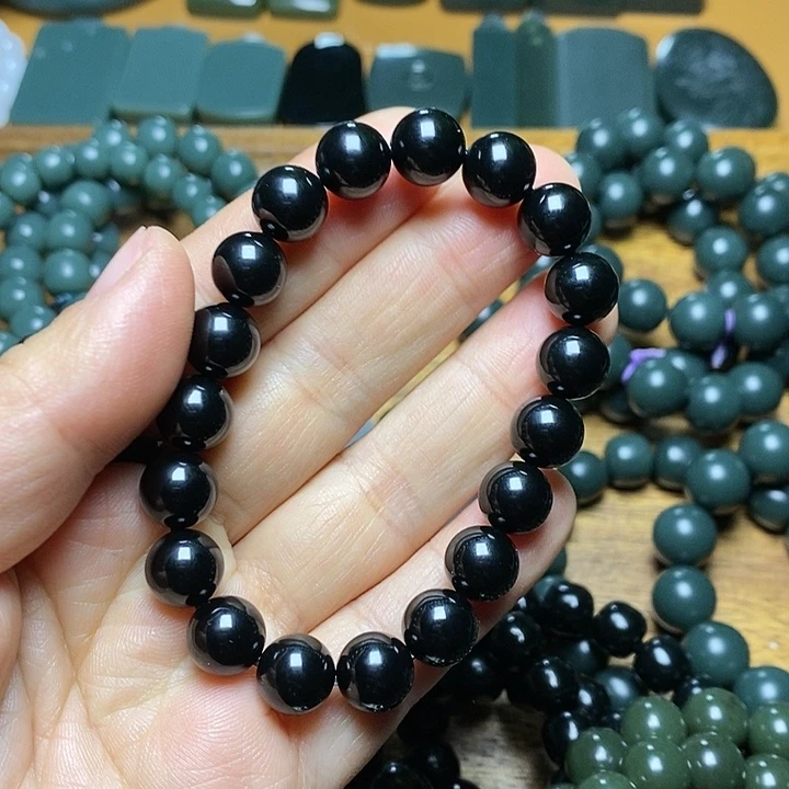 和田玉（青玉）未镶嵌手链和田玉青海小灶火无敌黑卡10手串