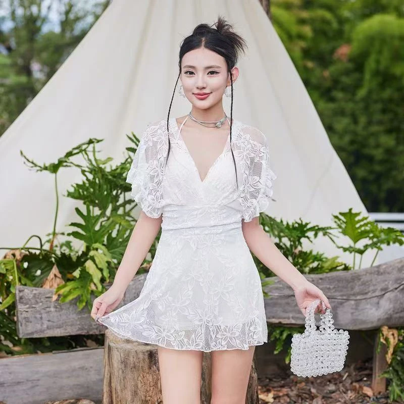 短袖V领A字裙轻职风少女风连衣裙长款遮肚礼服显瘦夏季蕾丝时尚