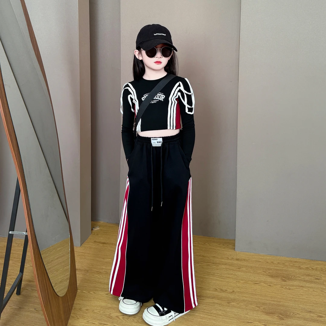 女童2025新款中大童韩版潮酷撞色紧身露脐上衣休闲裤运动两件套潮