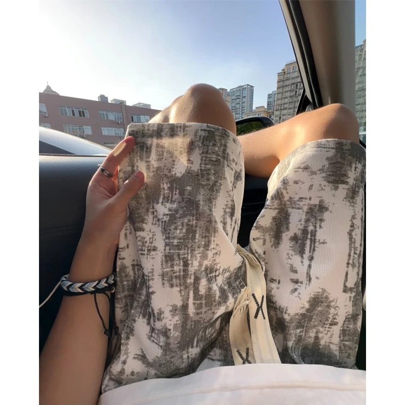 白色扎染脏脏短裤男夏季薄款直筒宽松半裤子垂感休闲运动五分中裤