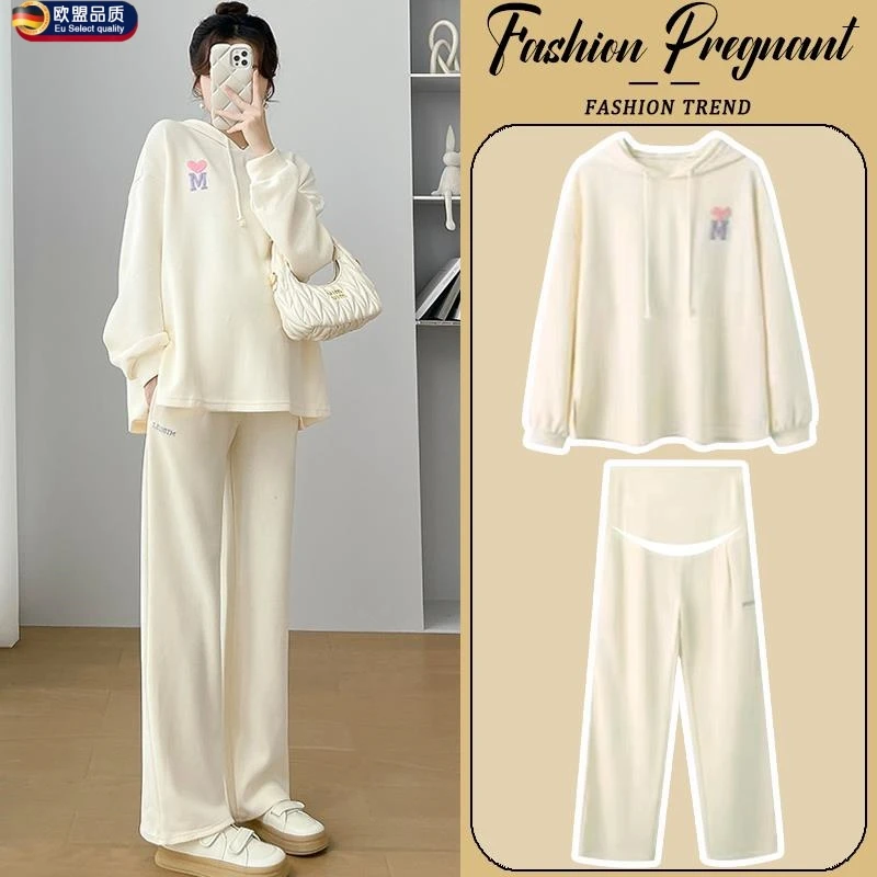 孕妇套装春秋2025新款杏色连帽休闲宽松时尚洋气上衣裤子两件套