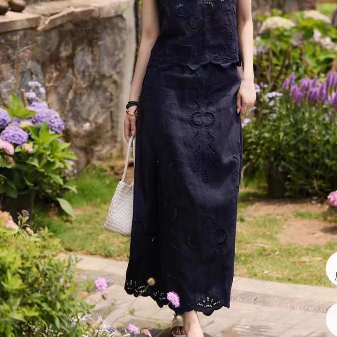 夏季高腰亚麻刺绣镂空半身裙