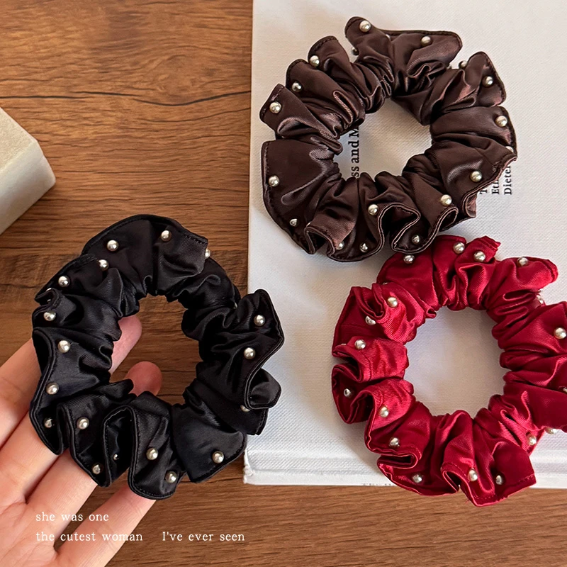 高级感缎面珠珠大肠发圈女扎马尾橡皮筋丸子头发绳新年红头绳秋冬