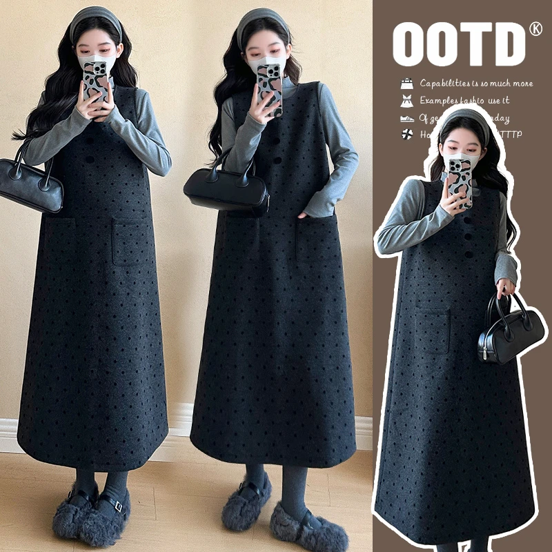 ~秋冬孕妇植绒波点背心裙+上衣两件套套装