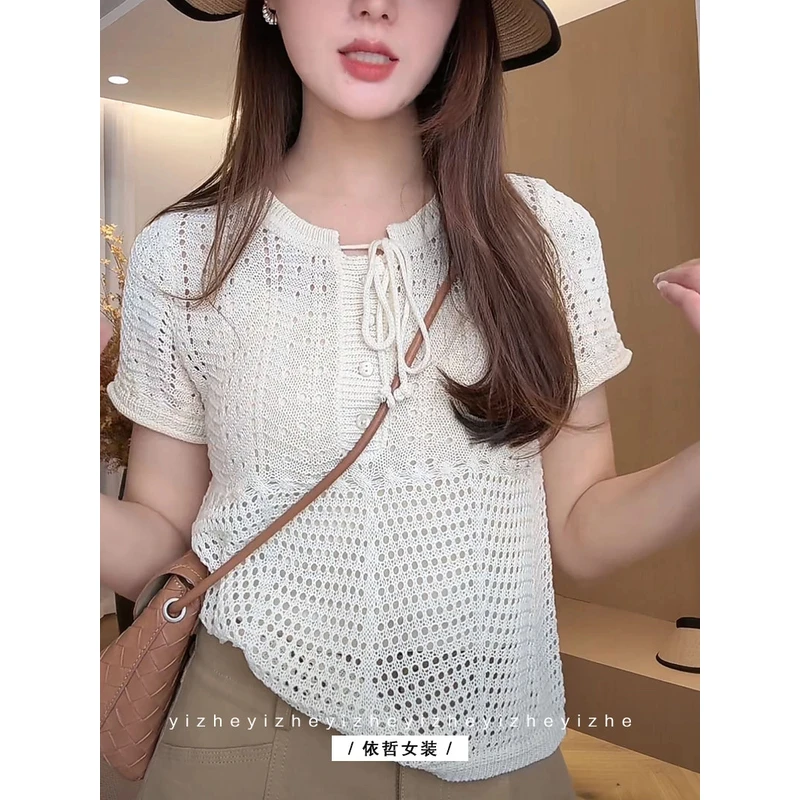 "法式蝴蝶结针织T恤"ZF4502女短袖气质夏季小众设计感