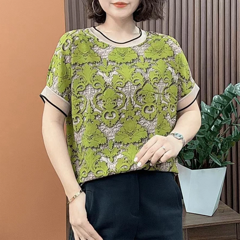 2025夏季新款短袖T恤女时尚印花休闲圆领上衣妈妈装宽松显瘦小衫