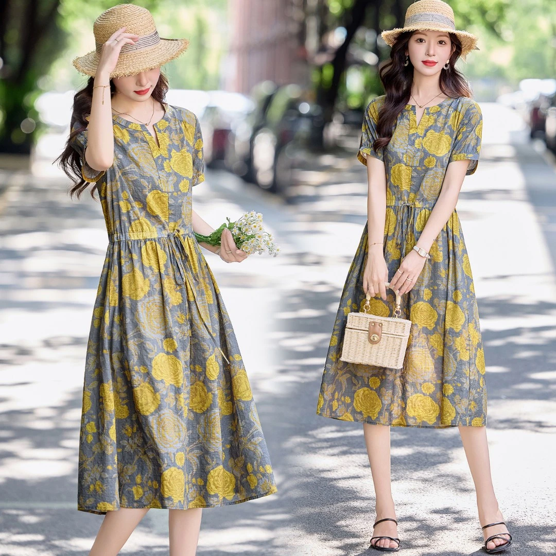 高端棉麻碎花连衣裙女2025夏季新款复古气质短袖妈妈印花减龄裙子