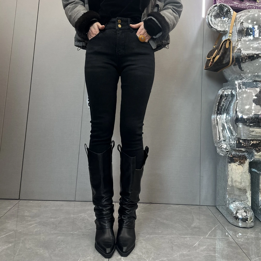JJFashion2扣蓝黑两色修身加绒紧身牛仔裤