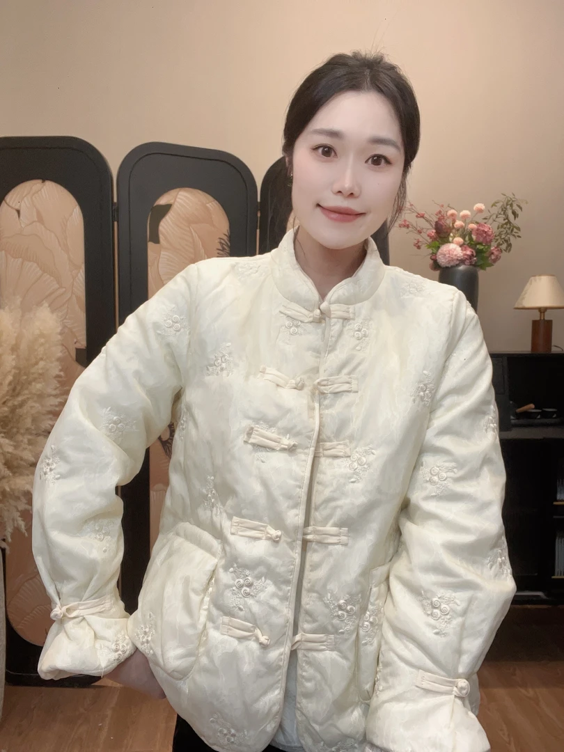 【桃漫白色】气质棉衣外套女新中式手工盘扣高级冬夹棉加厚保暖