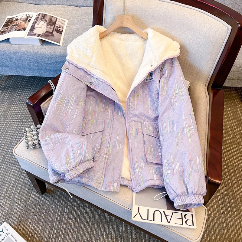 彩色条纹连帽外套女秋冬季加绒加厚2025新款宽松学生保暖棉服棉袄