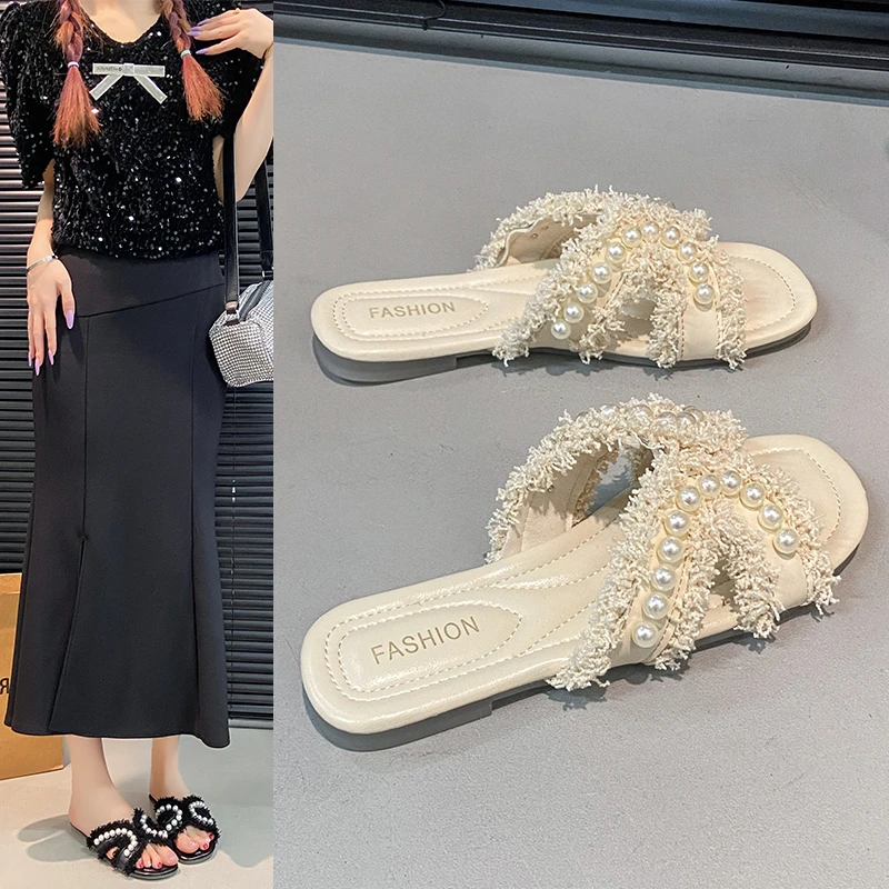 小香风凉拖鞋女外穿2025年夏季新款小众设计感仙女温柔珍珠一字拖