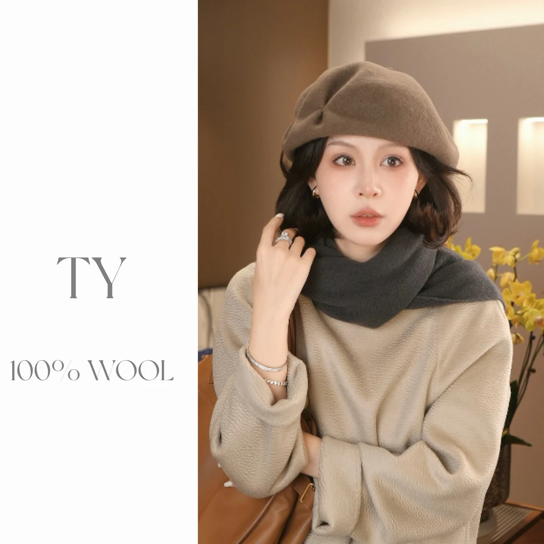 太一  “优雅过冬”全羊毛褶皱纯色贝雷帽秋冬女时尚百搭复古