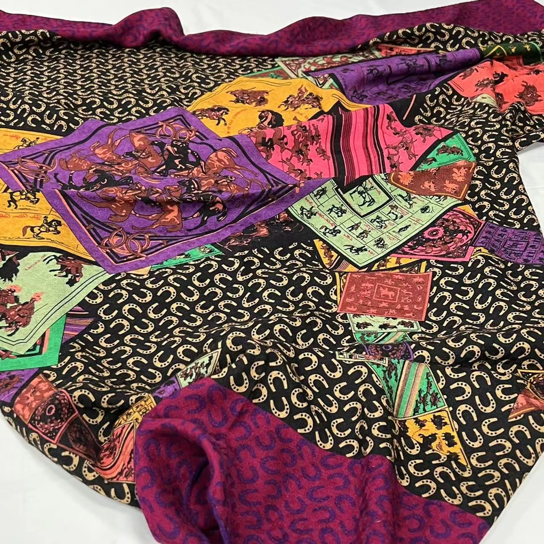 110提花丝毛方巾-塔罗花马 105cm丝巾